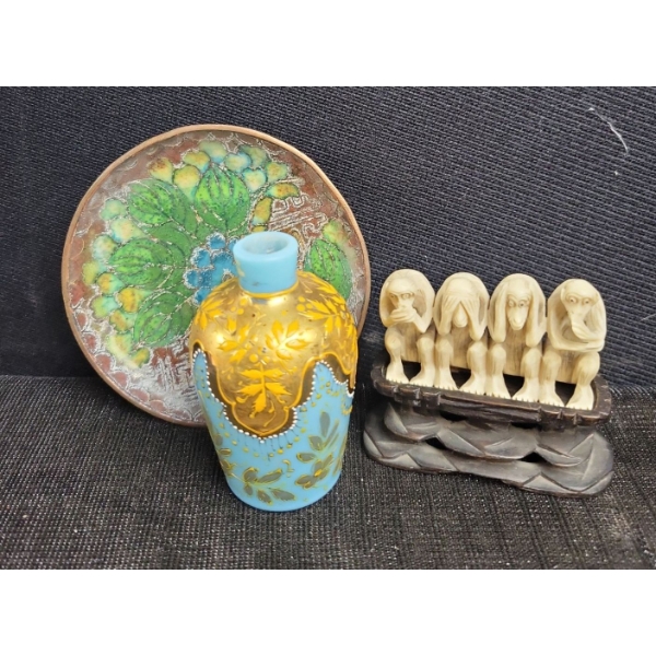 No Evil Ivory Monkeys w/ Rosewood Pedastal Cliosonne Plate & Antique Mini Jug 3T