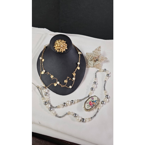 Vintage Jewelry Lot with Brooches, Necklaces, and Locket