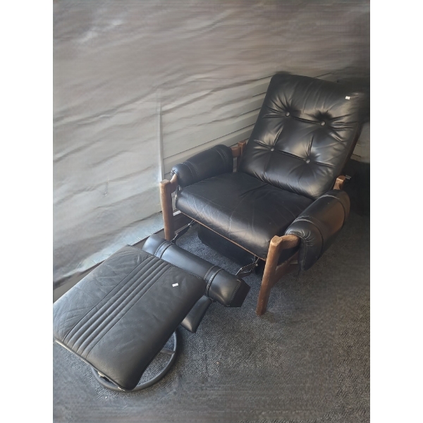 Vintage Black Leather Chair w/ Footrest 37 W, 45 D, 34 T, Includes Extra Footstool 20 W, 18 D, 15 T