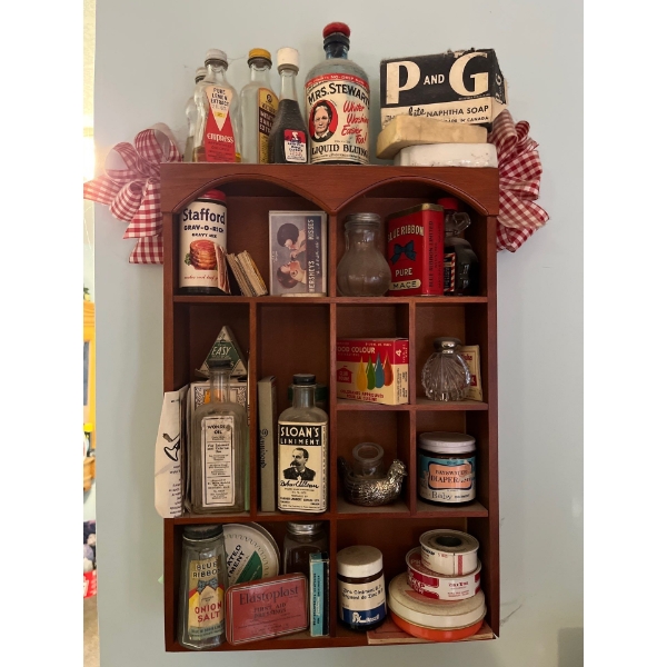 great collection of small items like a blue ribbon antique pure mace can oil blue ribbon, onion salt