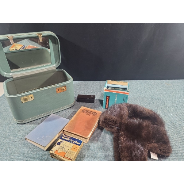 Vintage Makeup Box, Canon A-1 70-210 mm Lens, Kodiak Instamatic Camera, Hanorama, Fur Hat, Books