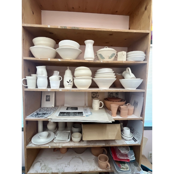 shelving unit, including all contents of ceramic pottery