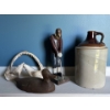 Antique Whiskey Clay Jug With Authentic Shark Jaw With Teeth Wooden Duck & Golf Statue 