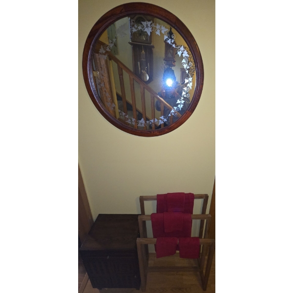 Wooden Towel Rack (36T) , Mirror (29W),  and Small Cabinet (17W, 13D, 26T)  