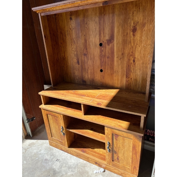 Wood Style TV stand and small white cabinet.