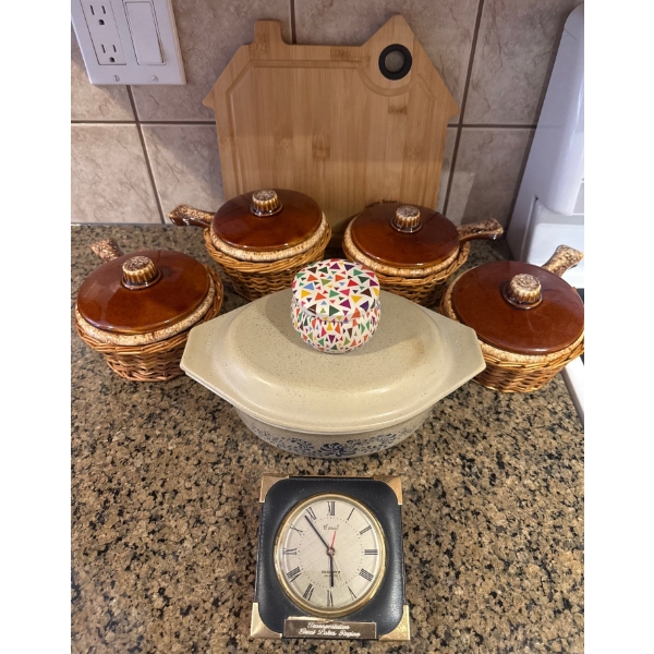 Unique French Onion Soup Set w/ Roasting Dish Chopping Block Candle & Clock