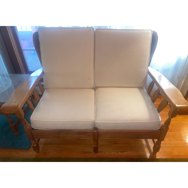 Mid Century 2-Seater Solid Oak w/Fabric Cushions & Backing  Great Condition