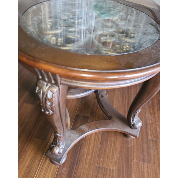 Wooden Side Table w/ Glass Insert Top and Scroll Design 28" Diameter Top, 26 T 