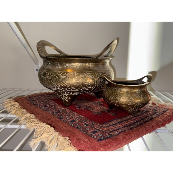 Antique Chinese Solid Brass Footed Temple Censors 12W - Extremely Heavy