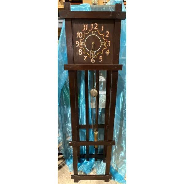 Antique Hardwood Tall Case Clock (frame, pendulum, weight chains, needs love) 68H