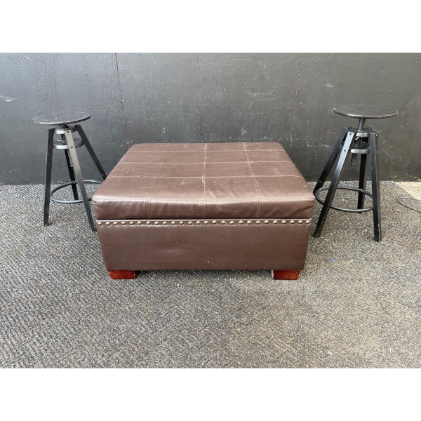 Leather Ottoman with Storage (some wear) 35" x 30",  2 Stools