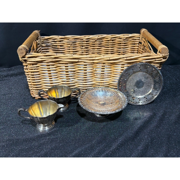 Silver Plated Dishes, Cream and Sugar Pots and a Basket 