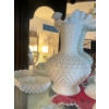 Image 3 : Vintage Milk Glass Hobnail Ruffle Top vase 10.5”with Fenton candy dish and 3 candle holders