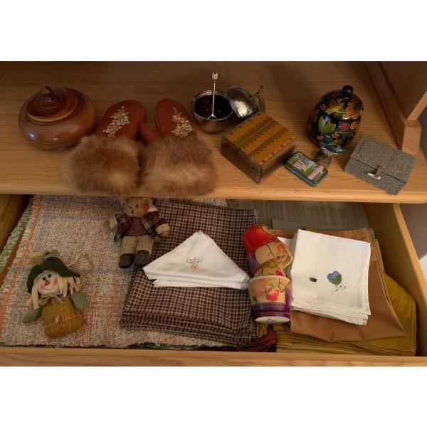 Gorgeous Leather Fur Trimmed Child Size Gloves, Decor, Linens, Wooden Nesting Doll, Trinket Boxes