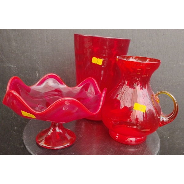 Vintage Viking Ruby Red Compote Candy Dish, Rare Empoli Art Glass Pitcher, & Ruby Red Vase 