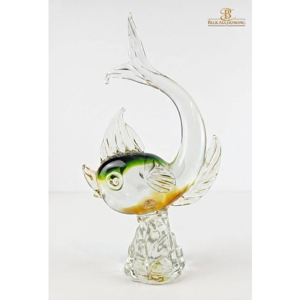 Murano Glass Fish Figurine on Textured Base, 11-Inch Height