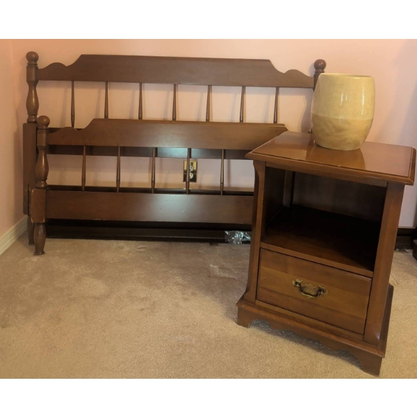 Oak Bed Frame and Matching Nightstand with Brass Accents