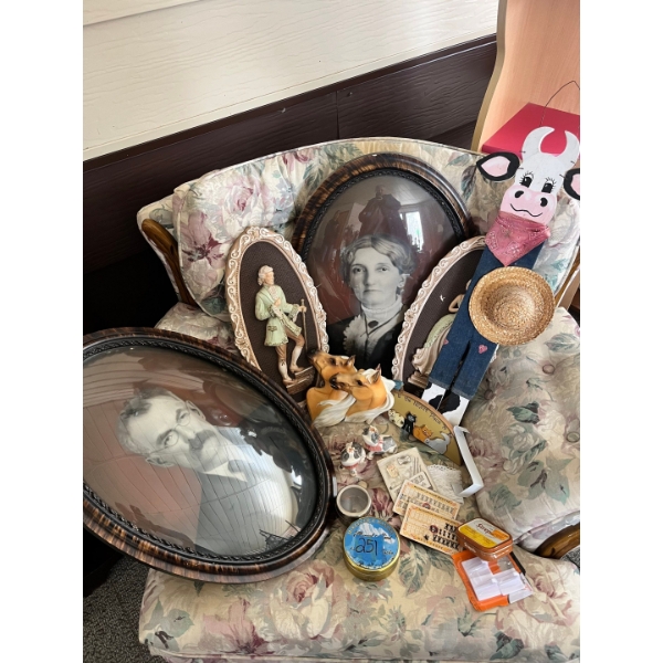 Collection of vintage items, featuring 2 large round dome glass frames, sewing gadgets ceramic horse