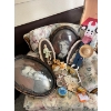 Image 1 : Collection of vintage items, featuring 2 large round dome glass frames, sewing gadgets ceramic horse