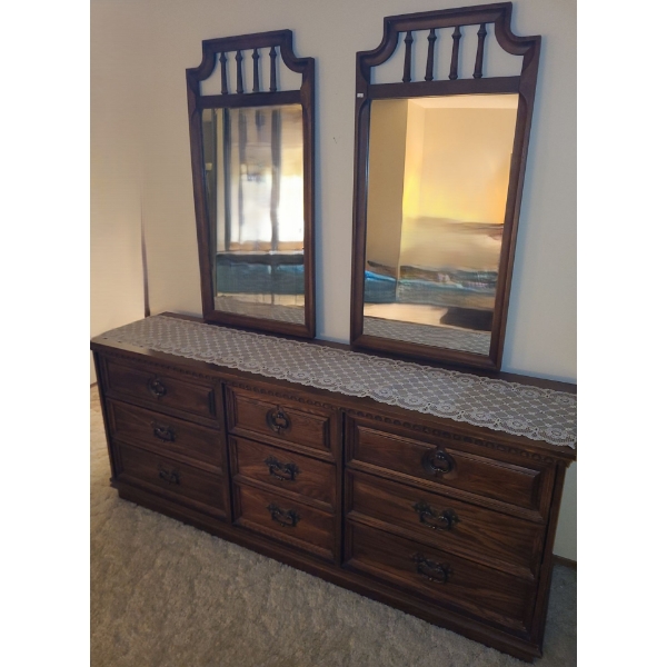  9 Drawer Dresser 72 W, 18 D, 30 T w/ Double Mirrors 23 X 45 Each 