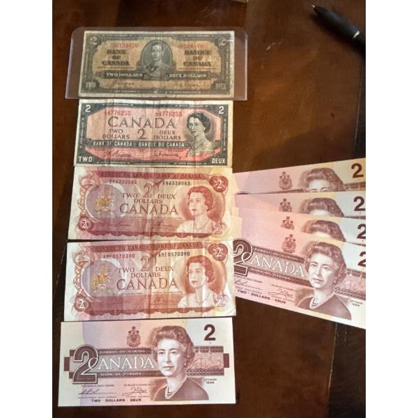 Canadian 2$ Bill Collection From 1937-1986  10 In Total ; 1986 uncirculated 