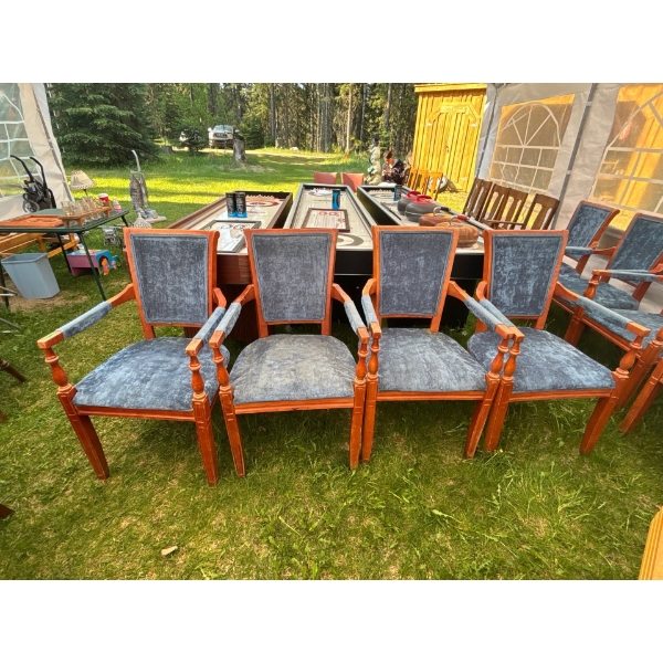 4 Oak Arm Chairs With Blue Velvet Seating Surface W22" H38"