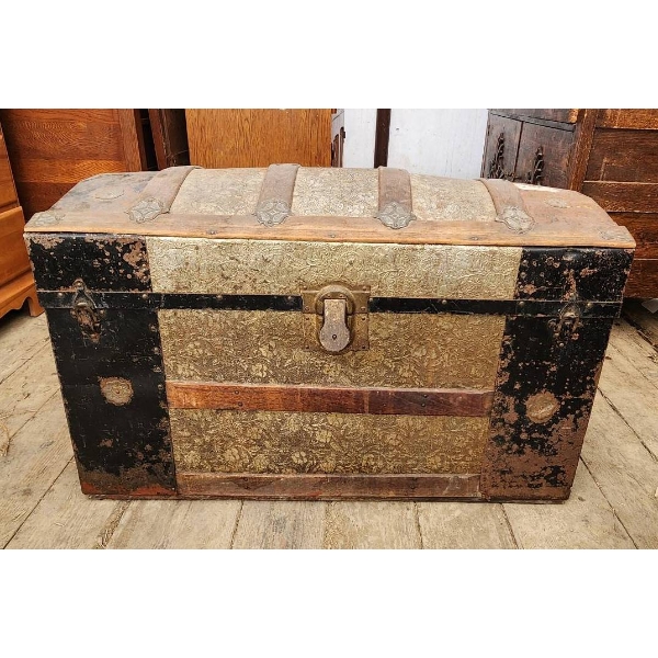 Wood and Metal Bound Trunk With Curved Top, 20 in x 34 in x 17 in