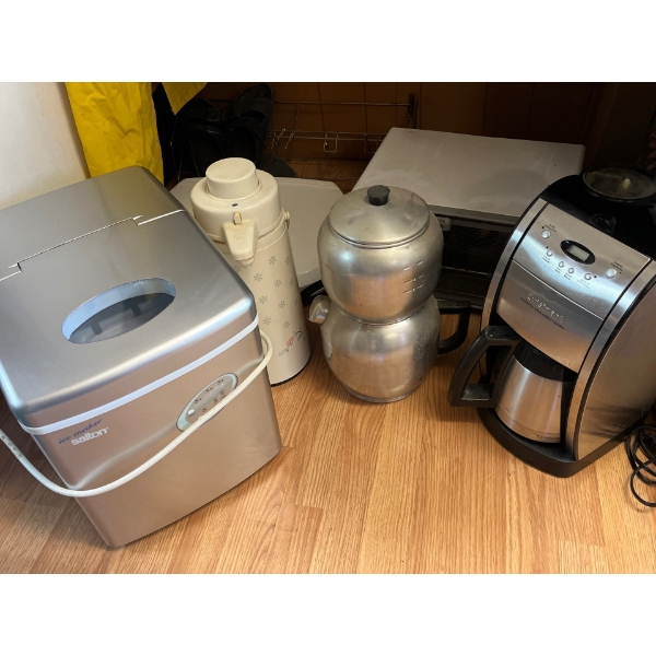  ice maker, teapot, vintage coffee, pot, toaster, oven, coffee maker, and a George Foreman grill all