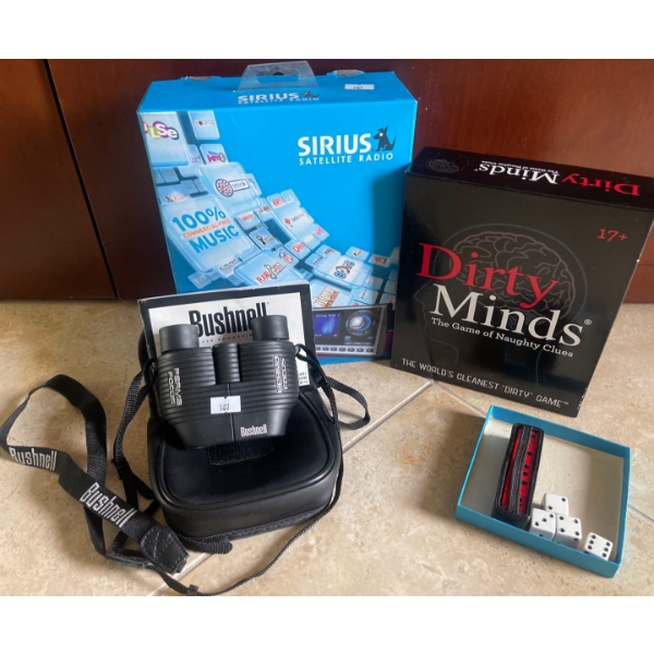 Bushnell Binoculars, Sirius Radio Sportster5 Vehicle Kit, & Dirty Minds Board Game