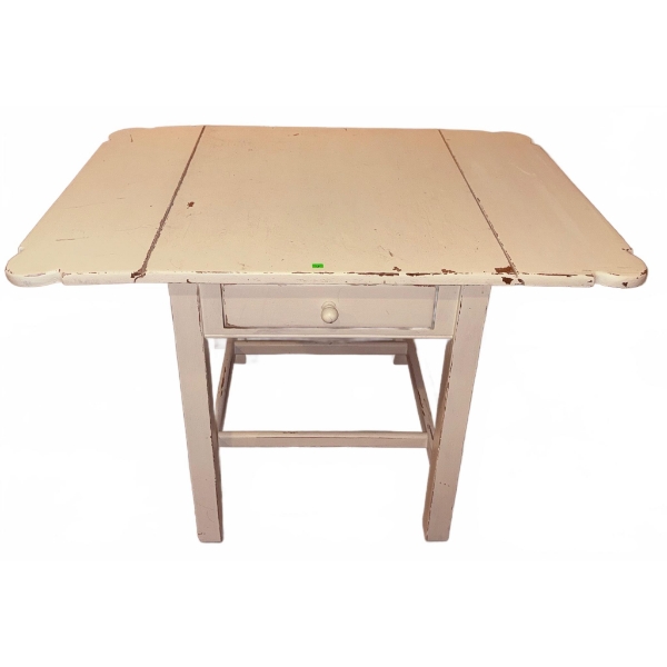 White Painted Wood Drop-Leaf Table with Single Drawer