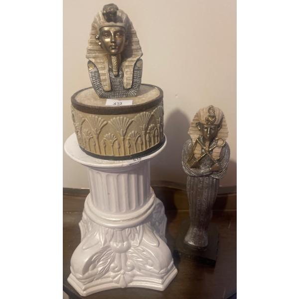 Egyptian Trinket Box & Pillar W/ Small Statue 5"tall