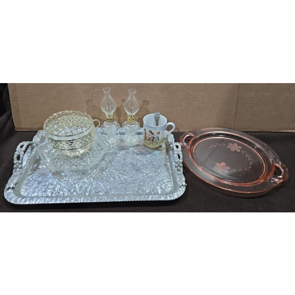 Hammered Steel Serving Tray W/ Handles + 2 Mini Oil Lamps + Pink Depression Glass Tray & More
