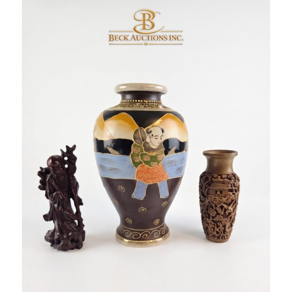 Satsuma Pottery Vase 10''HEIGHT,  Asian-Style Carved Resin , Chinese Wood Carving Of Shou Lao.