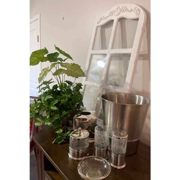 Chrome & Mosaic Crinkle Glass Toiletry Collection w/ Farmhouse Window Photo Frame & Faux House Plant