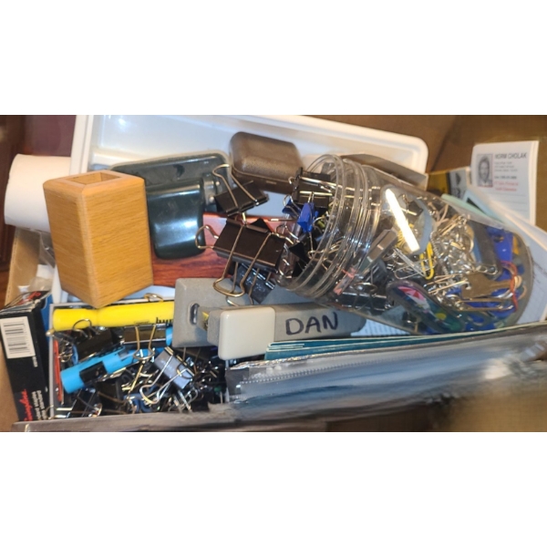 Box of Office Supplies Including: Tape, Clips, Folders and More!