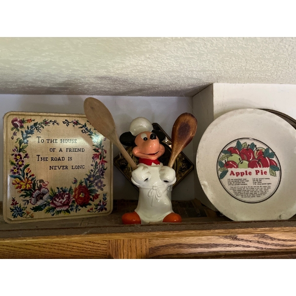  Collection of brass wall items, Apple pie plate and a Mickey Mouse vintage spoon holder