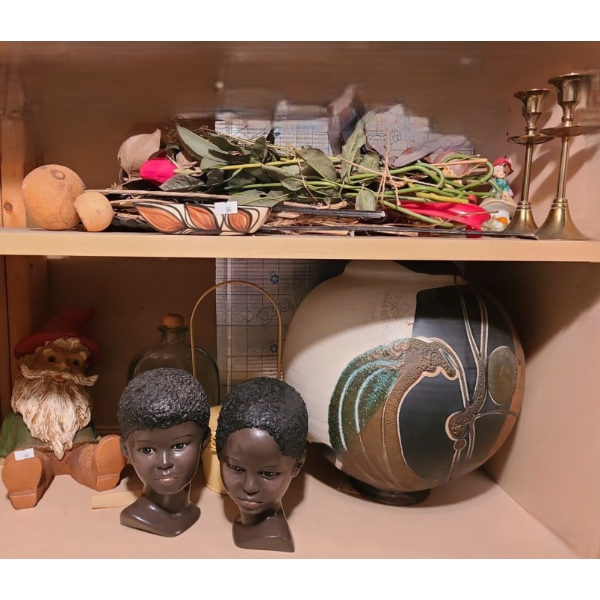 Pair of Brass Candlesticks 7 T, Garden Gnome, Pottery Ball 11 W, 13 T and More!