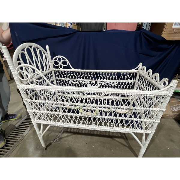 Victorian Wicker Crib on Castors, Garland/Flower Decor on Sides, 24Wx44Dx33H
