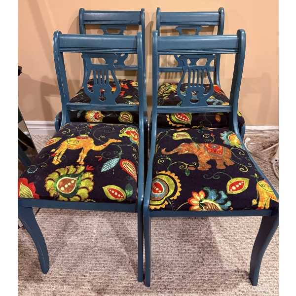 4 Blue Painted Wood Lyre Back Chairs with Patterned Upholstery
