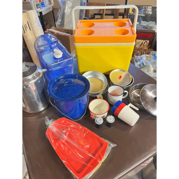 Camping Package. Small cooler, water, jug, coffee, percolator, blue enamel pot for water, + MORE