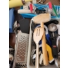 Image 6 : Metal Double Fruit Basket, Wooden Knife Block, and Kitchen Tools