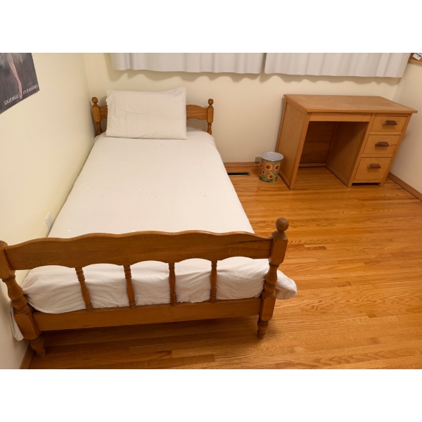 Twin Wood Bed Frame With Turned Details and Matching Wood DesK With Drawers NEED TLC