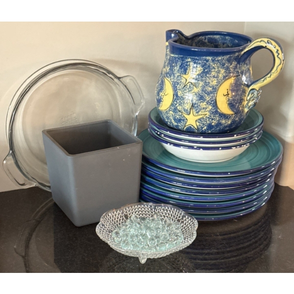 Inspirado Stonelite Sun & Moon Hand Painted Pitcher, Pyrex Dishes, & Serving Bowls + Plates