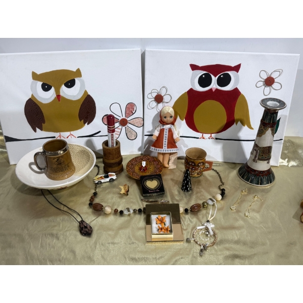 Decorative Lot with Owl Canvas, Glassware, Jewelry, and Collectibles