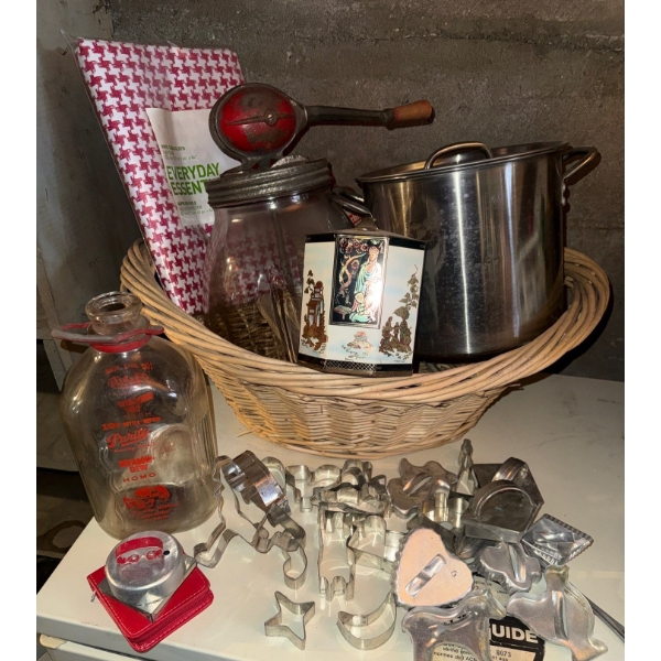 Basket Full Of Vintage Kitchen Utensils & Bottles