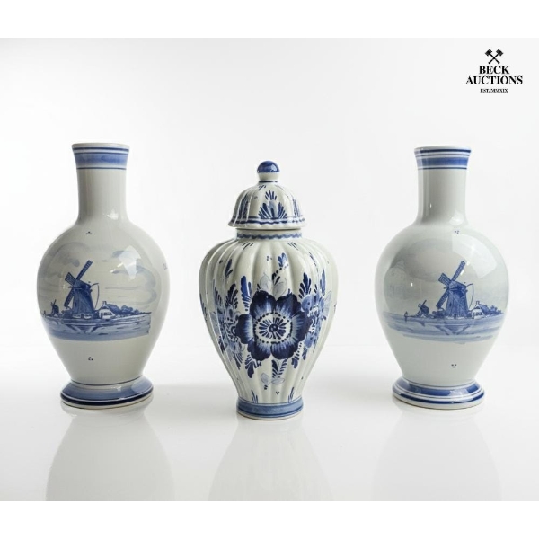 Vintage Set Of Three Delft Blue Ceramic Vases 