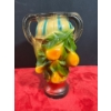 Image 1 : Chalk Vase, 2 Handles, Blue Stripes, Pears with Leaves, Red/Black Base 11.5H