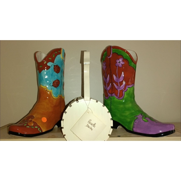 Large Pair Of Glass Cowboy Boots For Shelf 20  tall & Wooden Bird Basket