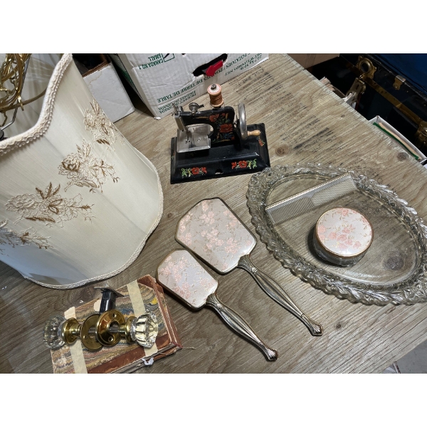 Vintage beauty set mirror brush comb with glass plate, glass jar for cosmetic powder, hanging lamp w