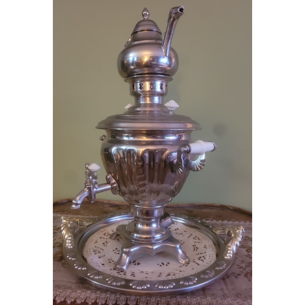 Electric Russian Coffee Pot, Tray & Table Cloth (European Outlet Plug) 